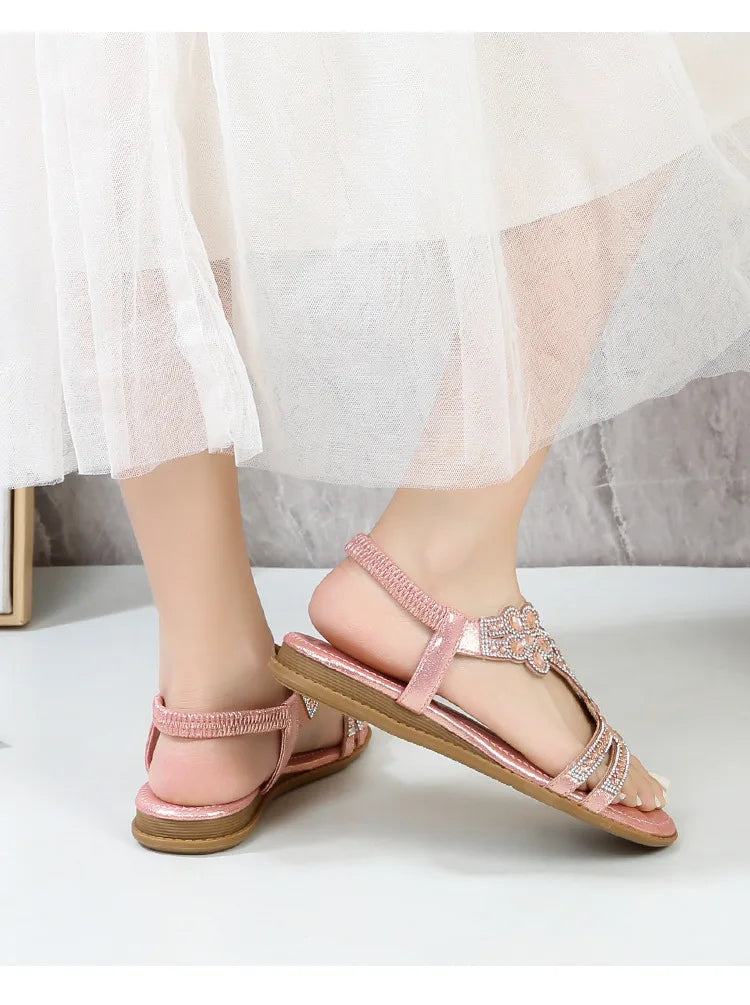 Bohemian Rhinestone Openwork Flat Sandals For Women
