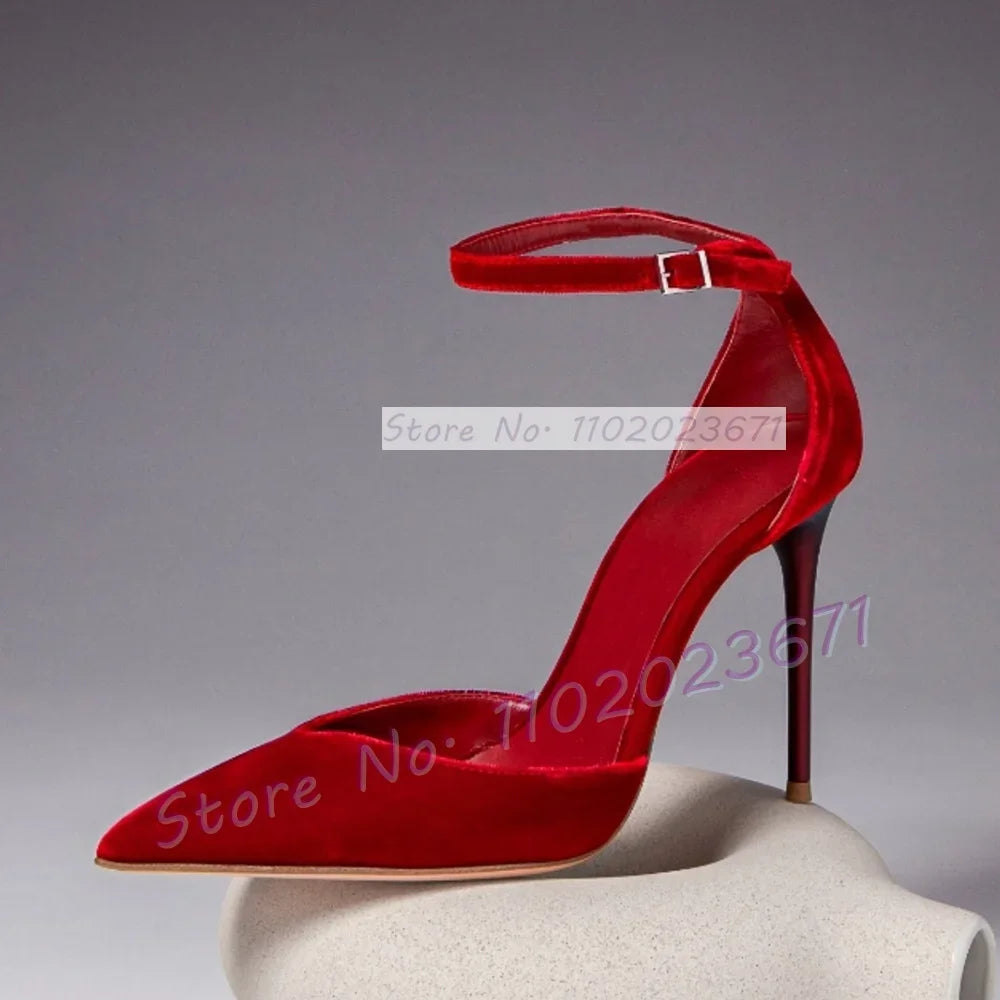 Blue Velvet Pointed Toe Stiletto Sandals with Buckle Ankle Strap for Women