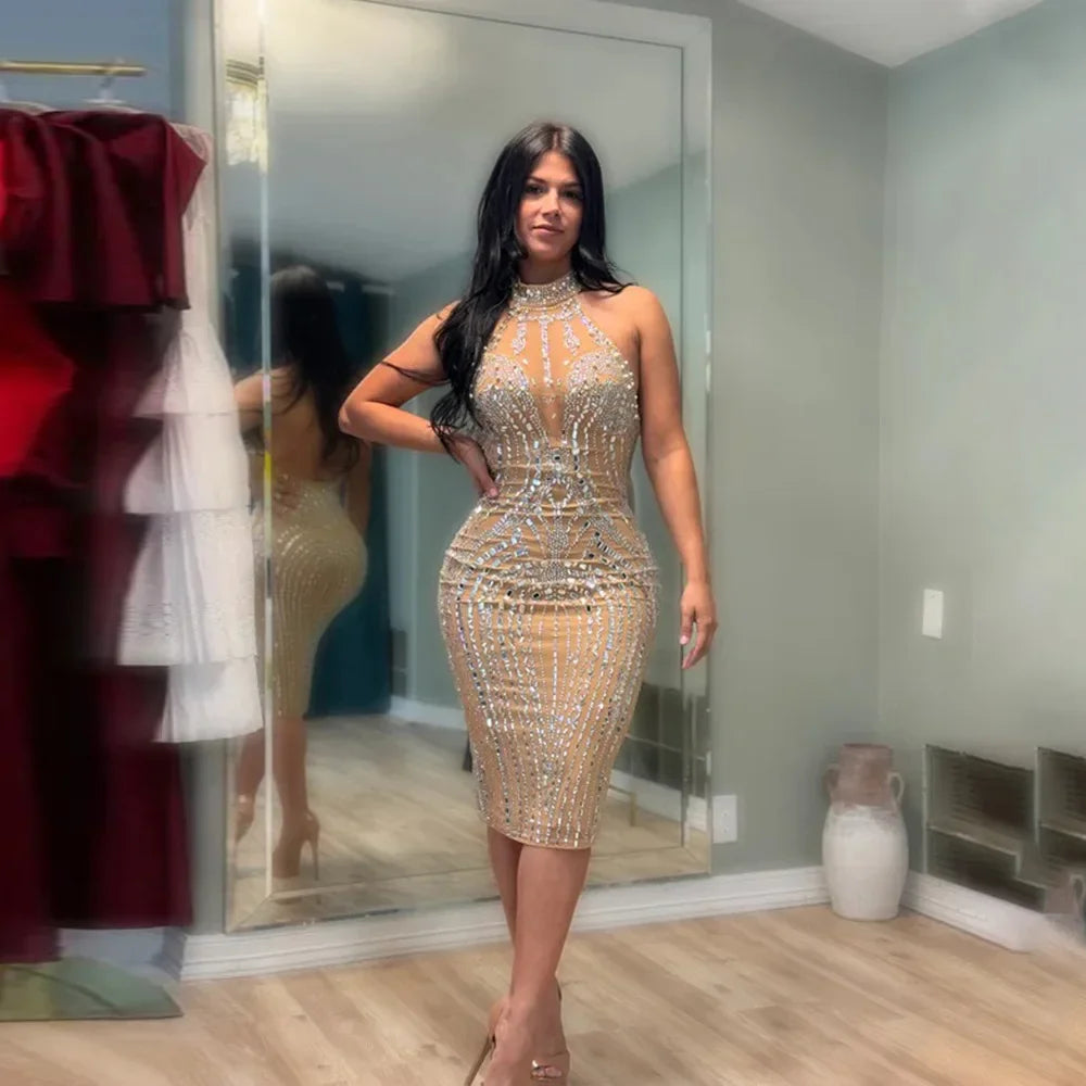 Rhinestone Embellished Sleeveless Bodycon Midi Dress for Women