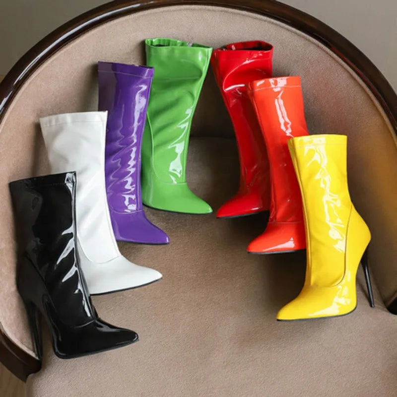 Pointed Toe Soft Patent Leather Side Zipper Stiletto Ankle Boots for Women
