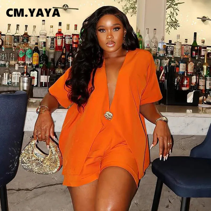 CM.YAYA Women Set v-neck Short Sleeve Shirts blazers +Shorts suits Two 2 Piece Sets Fashion 2025 OL Work Outfit Tracksuit Summer