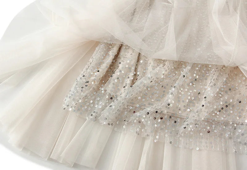 Sparkling Mesh A-Line Pleated Knee-Length Skirt for Women