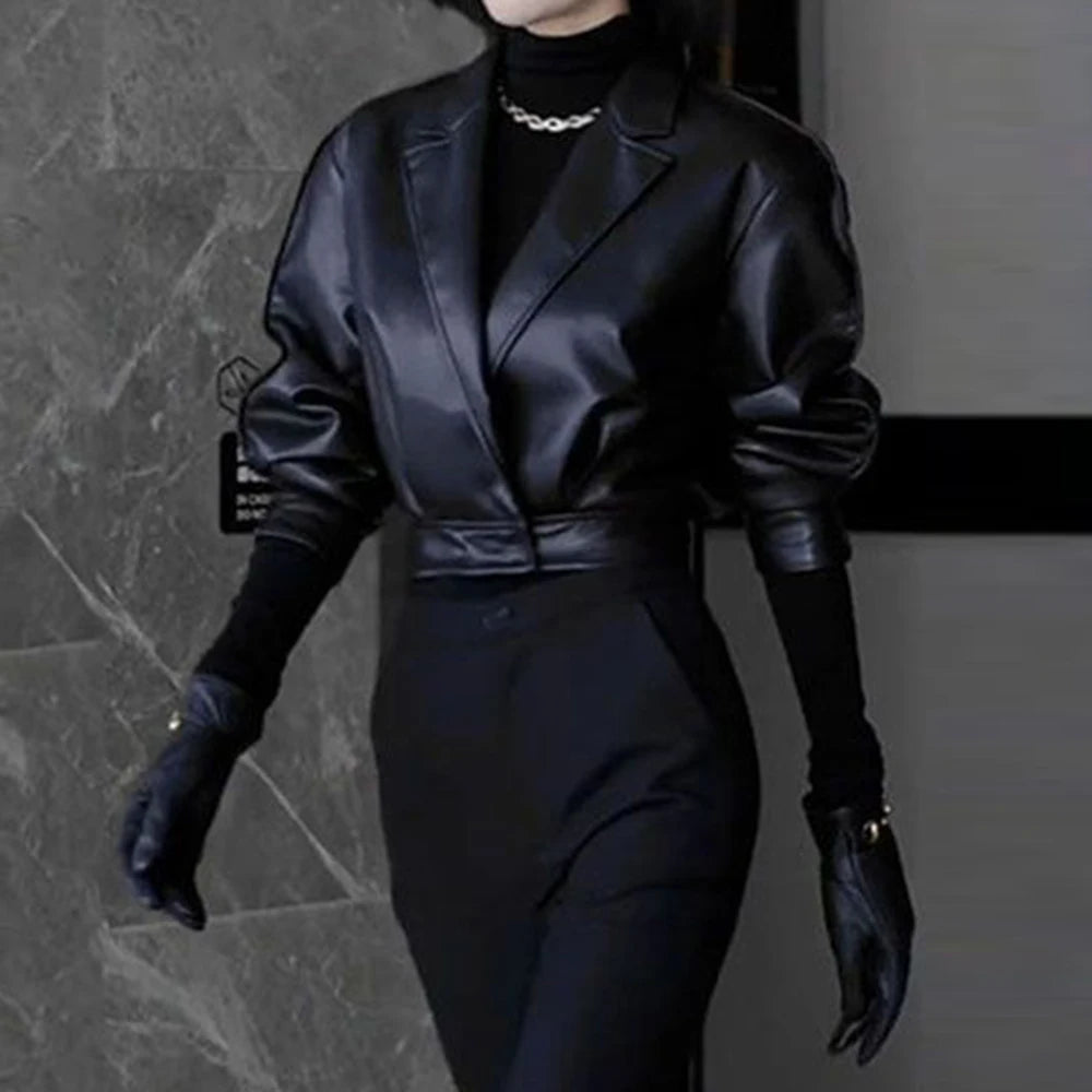 Trendy Faux Leather Blazer And Flared Pants Set For Women