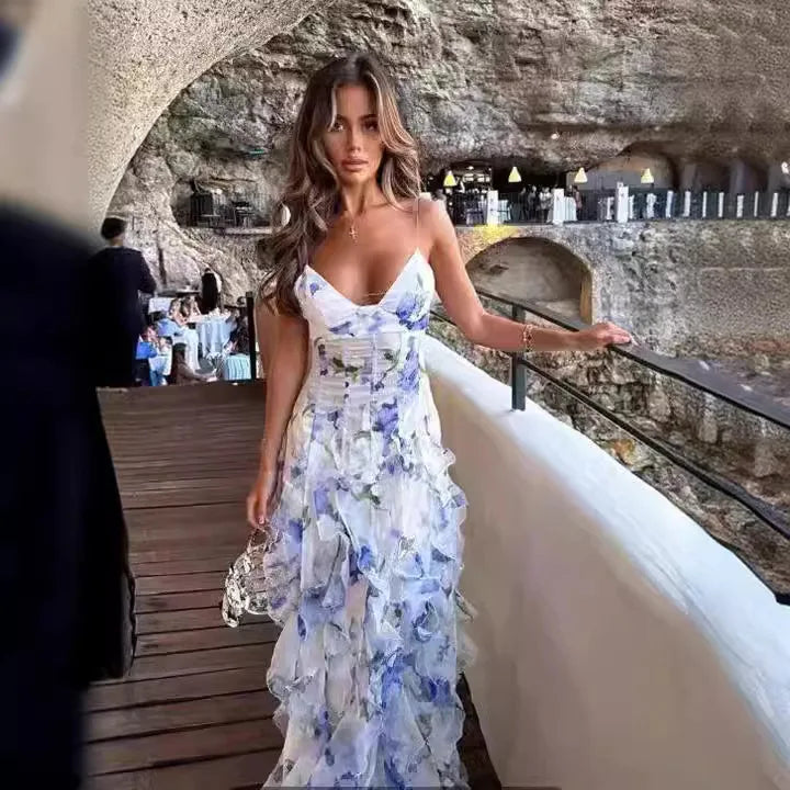 Boho Floral Ruffles Sleeveless Maxi Dress for Women