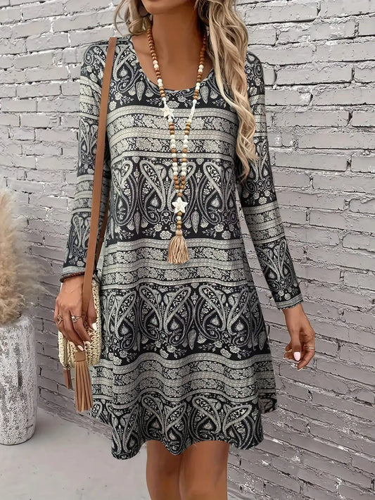 Women's Full Body Allover Print Long Sleeve Dress For Spring，Fashion Round Neck Mini Dress