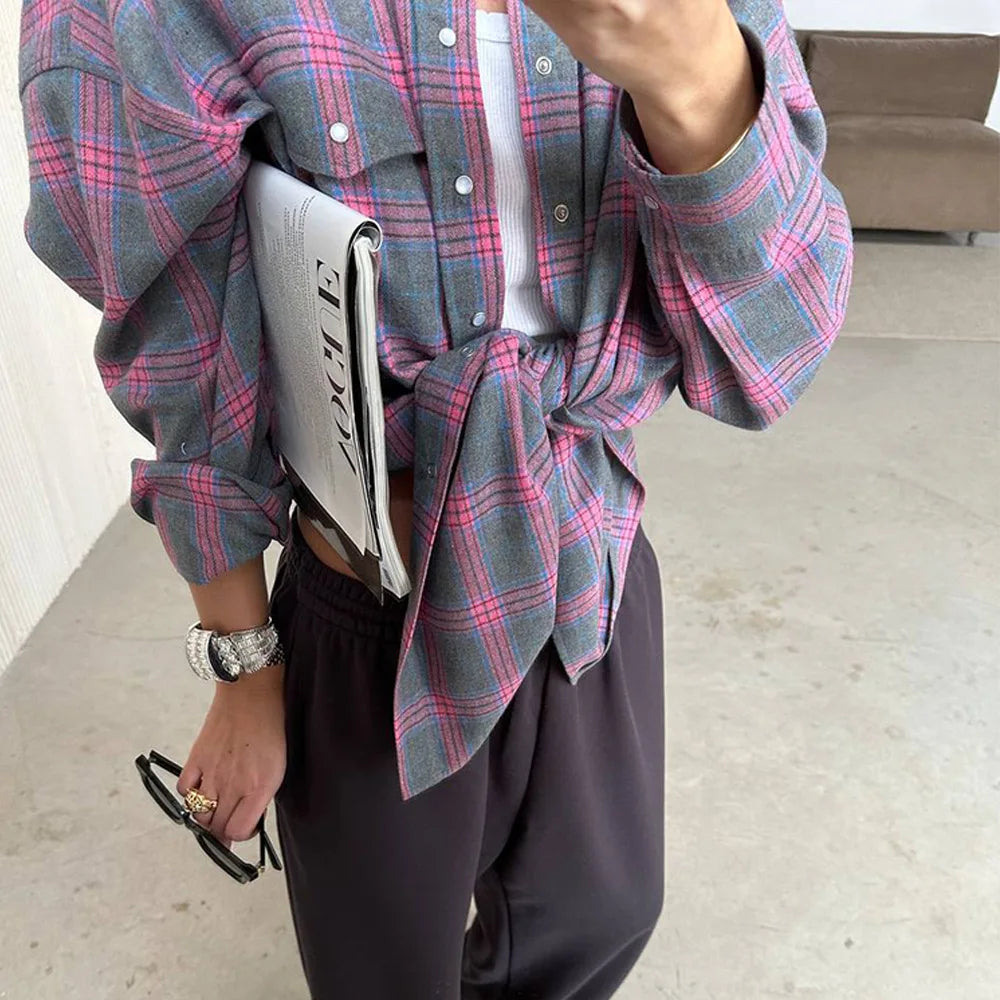 FSMG-Versatile Plaid Shirt For Women, Red Bright Grid, Oversized Blouse, Leisure And Fashionable Top, Spring And Autumn Seasons