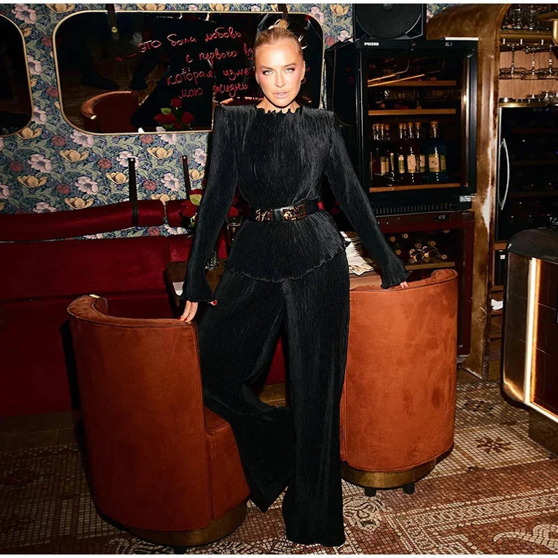 Elegant Velvet Top and Pleated Pants Set for Women