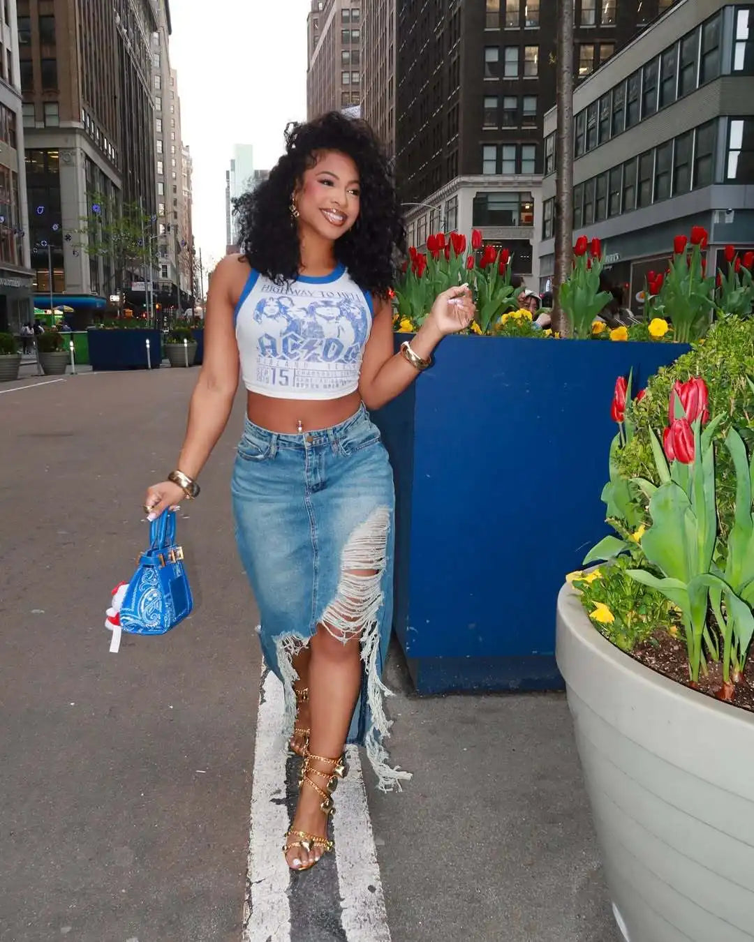Distressed High Waist Denim Skirt With Irregular Hem For Women