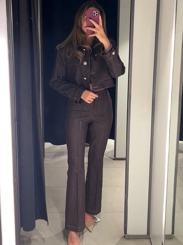 Lapel Jacket and Bell Bottom Pants Two Piece Set for Women