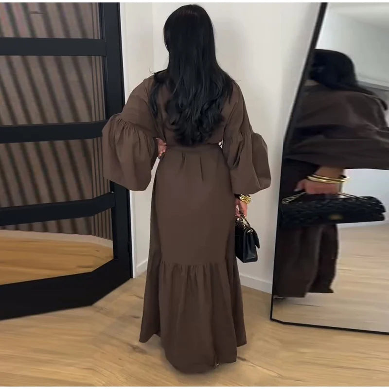 Casual Belted Long Lantern Sleeve Button Dress for Women