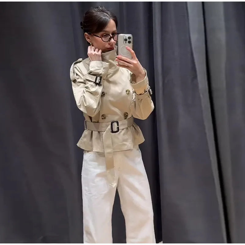 Chic Belt Women's Coat Elegant Stand Collar Full Sleeve Single Breasted  Female Jacket 2025 Autumn Fashion Commuter Windbreaker