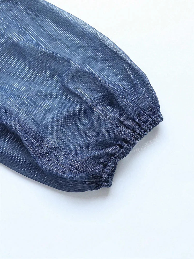 TOLEEN 2024 New Women's Luxury Elegant Party Evening Dress With Stand Collar, Lantern Sleeves, And Ruffle Hem In Gradient Fabric