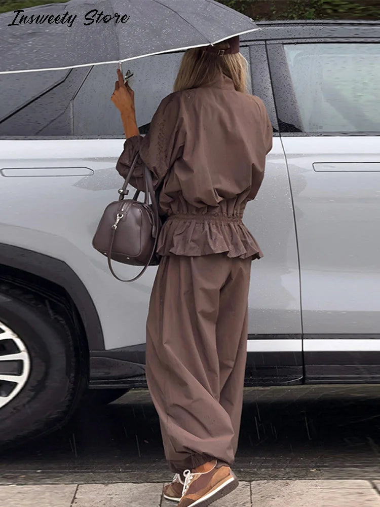 Ruffle Hem Jacket and Jogger Pants Two Piece Set for Women