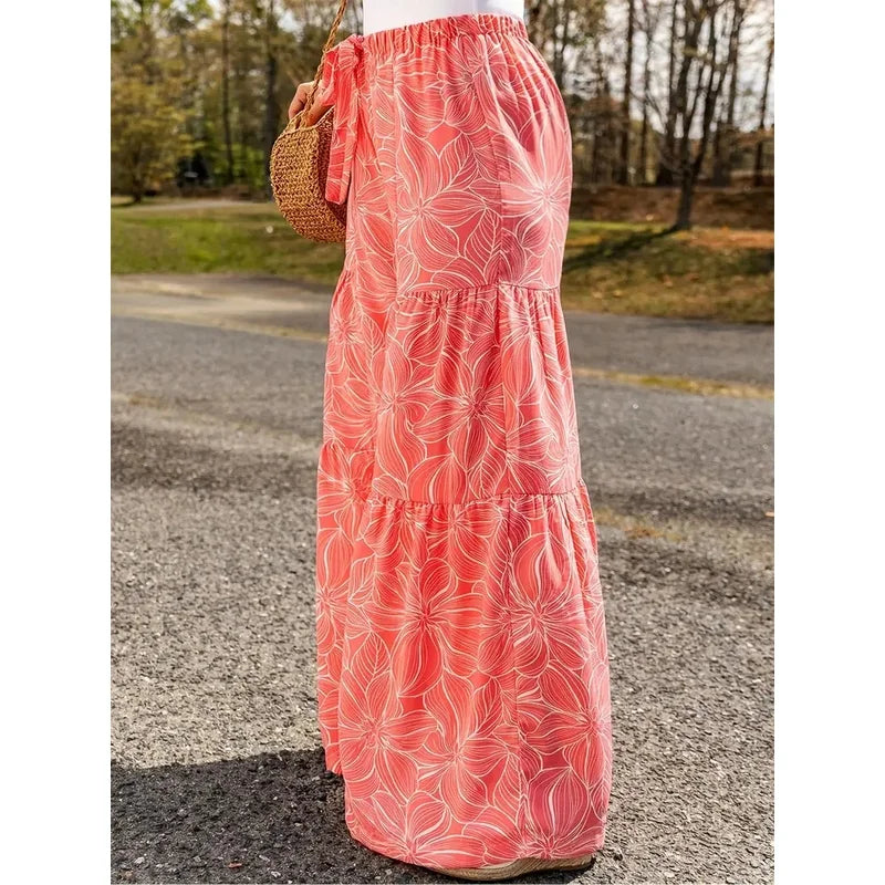 Plus Size Printed Wide Leg Elastic Waist Pants for Women