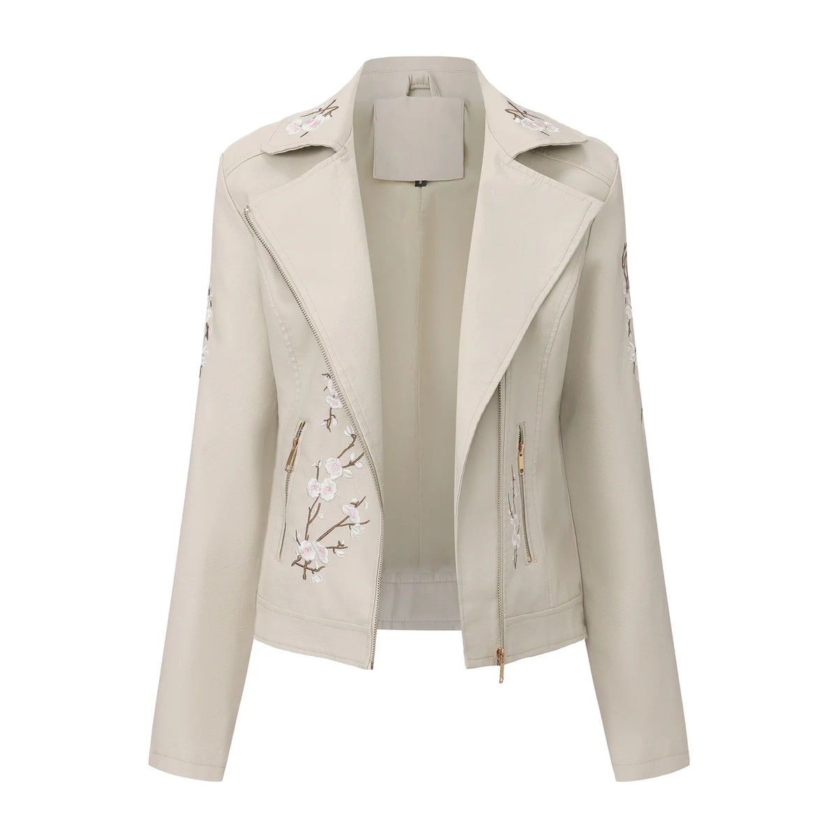 Embroidered Faux Leather Motorcycle Jacket for Women