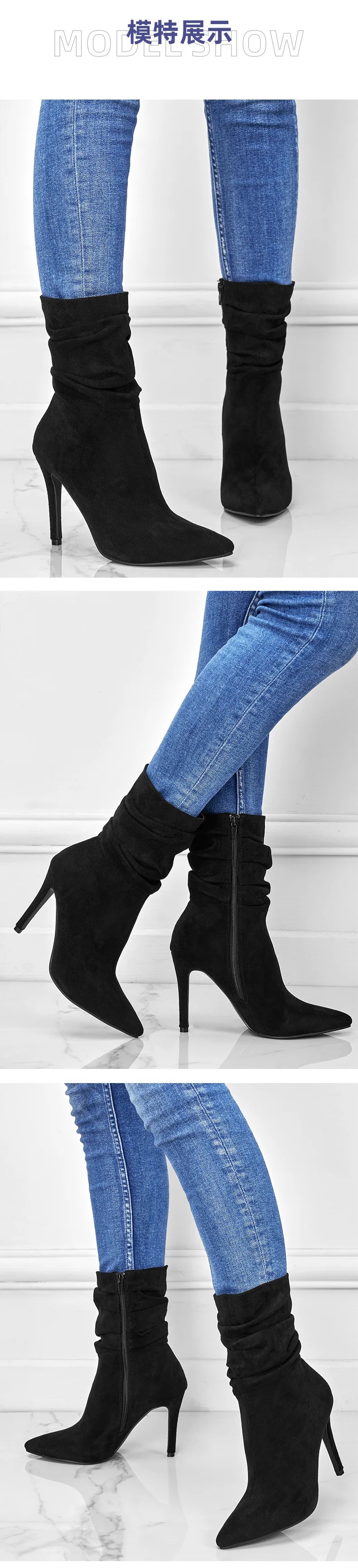 Pointed Toe Suede Ankle Boots With Side Zipper for Women