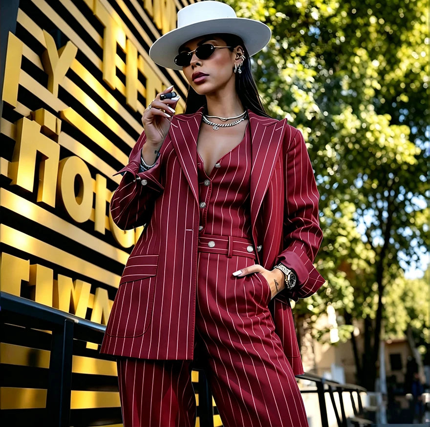 Slim Fit Green Pinstripe Three Piece Suit for Women