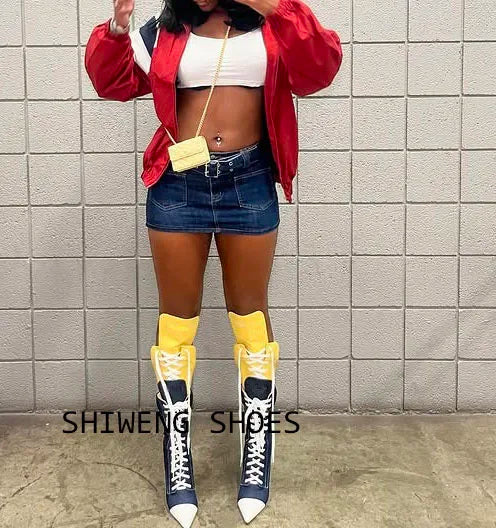 Patchwork Canvas Knee Boots