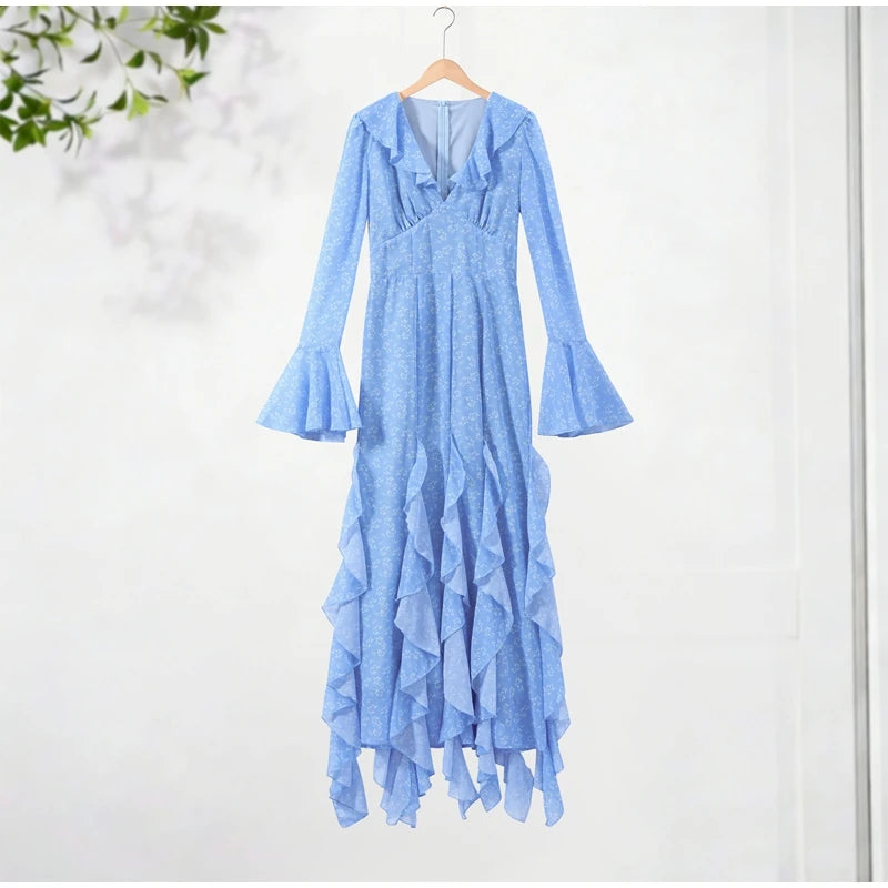 Printed V Neck Ruffle Sleeve Mid Calf Dress for Women