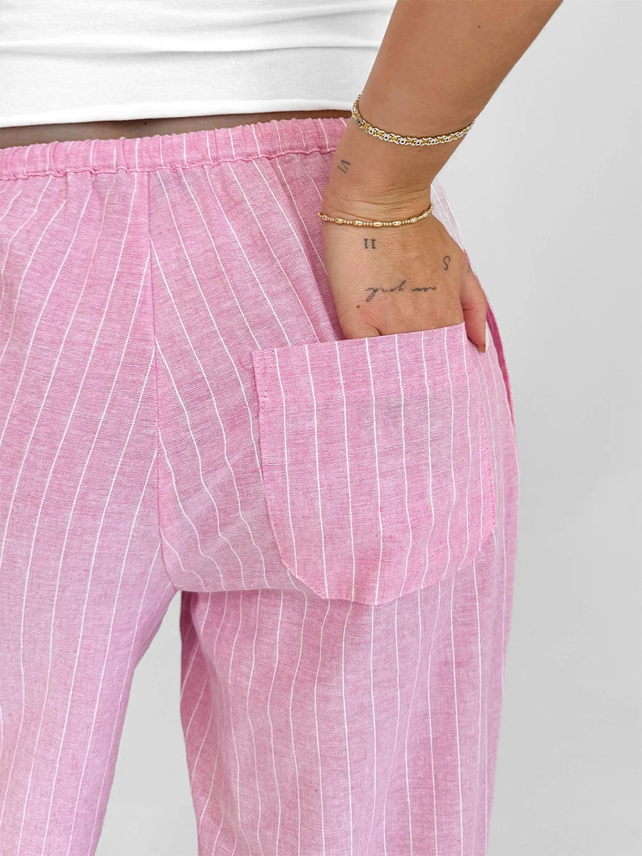 Women Loose Pants Stripe Micro-Sheer Drawstring Elastic Waist Trousers Spring Fall Casual Sweatpants Bottoms