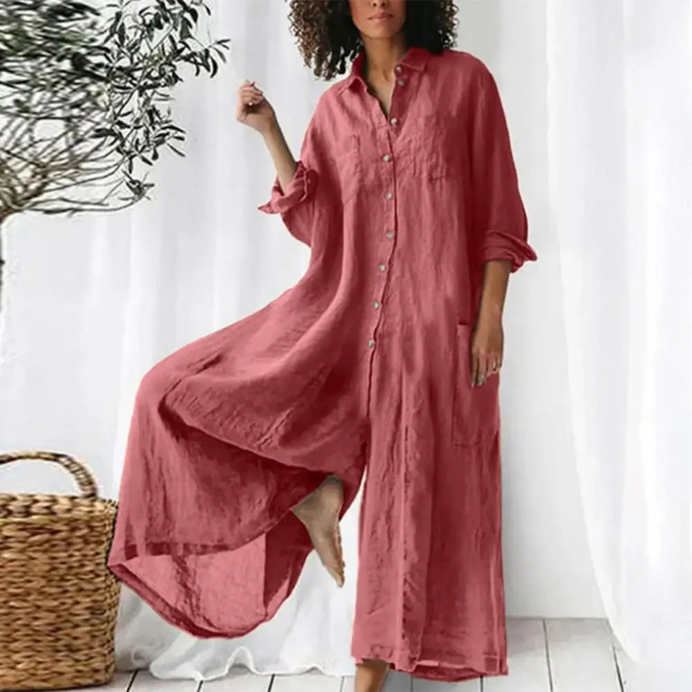 Oversized Cotton Linen Wide Leg Jumpsuit with Pockets for Women