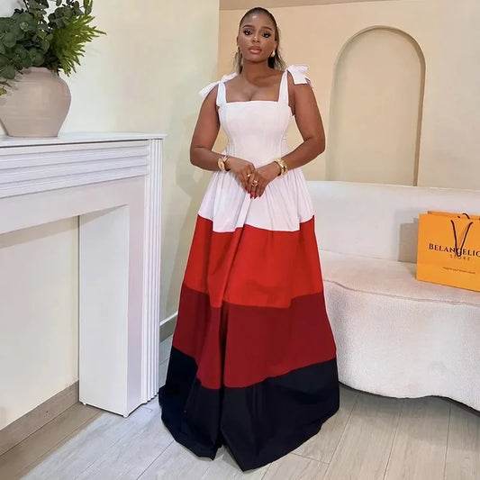Women Bowknot Strap Colorblocked Fit and Flare Maxi Long Dress 2025 Vintage Birthday Sexy Club Party Evening Dresses