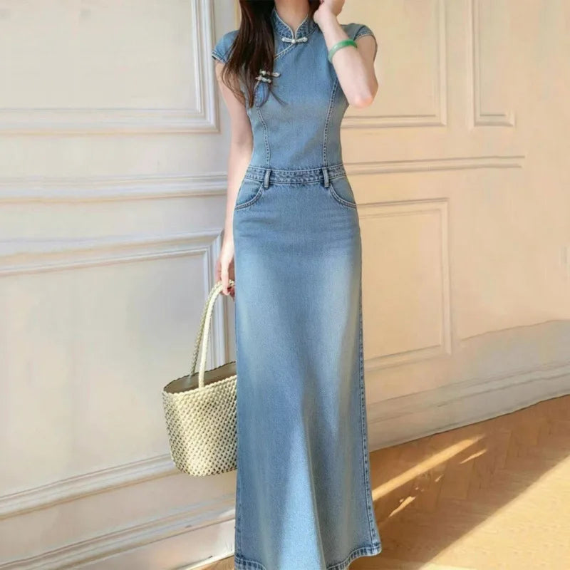 ANJY Spring Summer New Women Chinese Style Washed Denim Cheongsam Dress Elegant Vintage Design Niche Stylish Long Dresses A25172