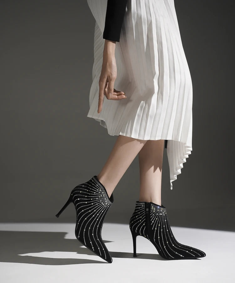 Elegant Black Pointed Toe Stiletto Heel Ankle Boots for Women