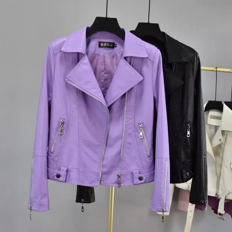 Purple Leather Jacket Women's Short Coat Slim Spring and Autumn Short Clothing