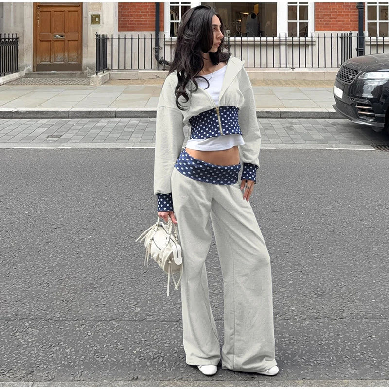 Polka Dot Hooded Zipper Crop Top And Wide Leg Pants For Women