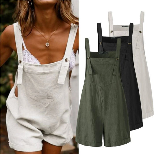 New Women Cotton and Hemp Loose Button Casual Backband Pants  Square Neck Sleeveless Shorts jumpsuit White/Black/Military Green