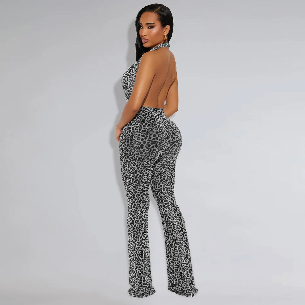 Leopard Print Halter Backless Bodycon Jumpsuit for Women