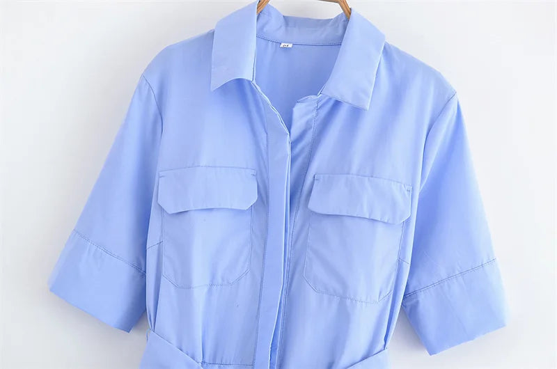 Lapel Casual Pockets Short Sleeve Shirt Dress for Women