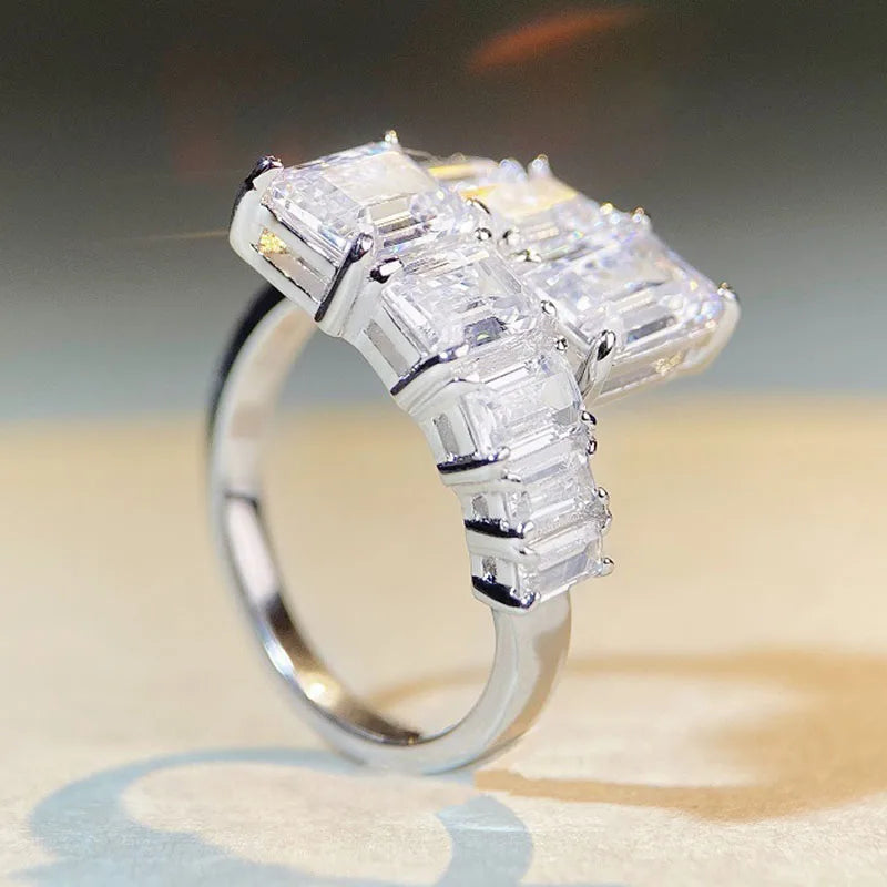 PANSYSEN 925 Sterling Silver Emerald Cut High Carbon Diamond Gemstone Wedding Engagement Adjustable Ring Fine Jewelry Wholesale