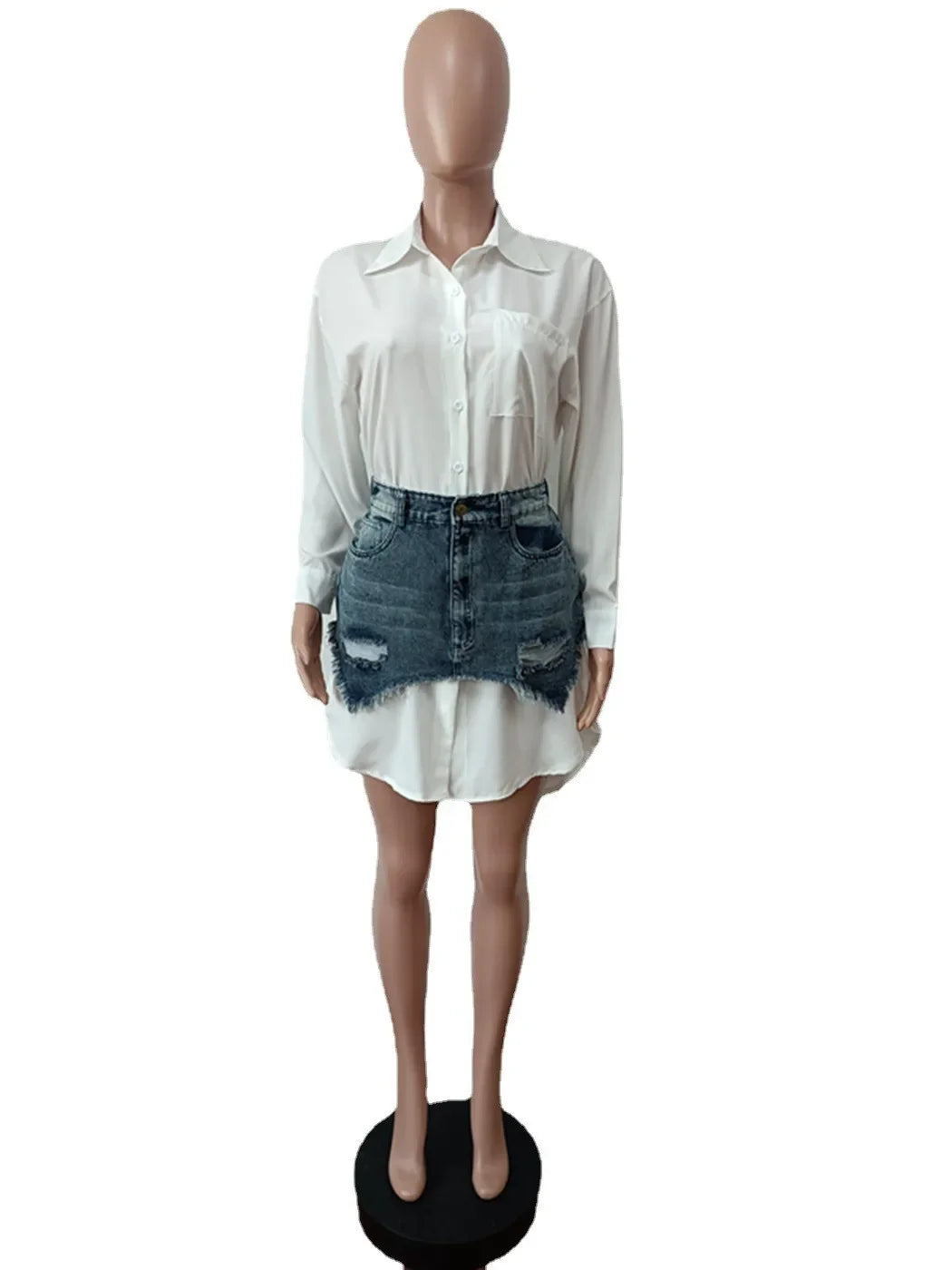 Denim Skirt Set Women Streetwear Fashion Long Sleeve Shirt Turn Down Collar Asymmetric Dress Casual Slim Dresses 2025 Spring