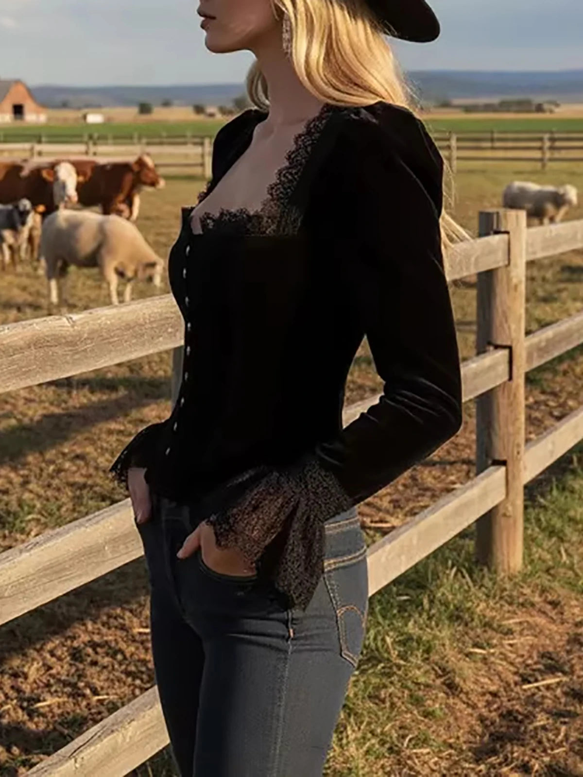 Elegant Vintage Square Collar Lace Blouse for Women