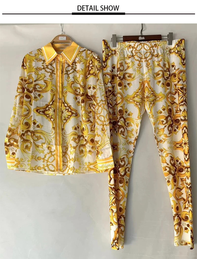 Retro Print Lapel Shirt Two Piece Suit