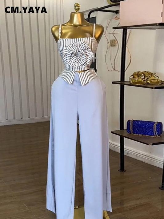 CM.YAYA Fashion Women's Set Striped Strap Floral Applique Crop Top and Wide Leg Pants Suit 2025 Two 2Piece Sets Outfit Tracksuit