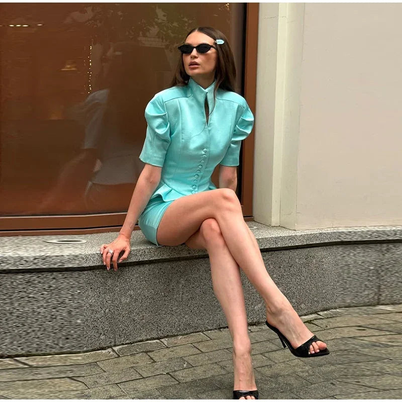 Elegant Short Sleeve Blazer and Skirt Set for Women