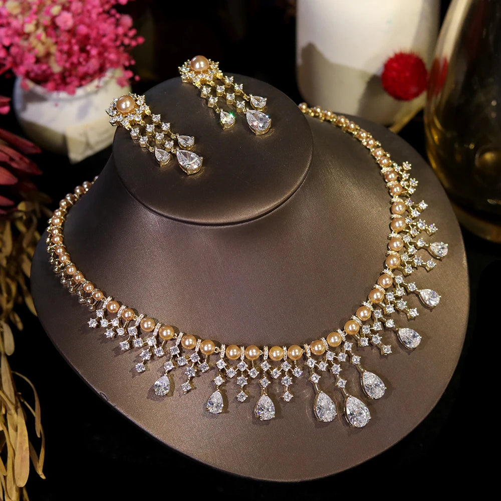 Cubic Zirconia Gold Pearl Bridal Jewelry Set for Women