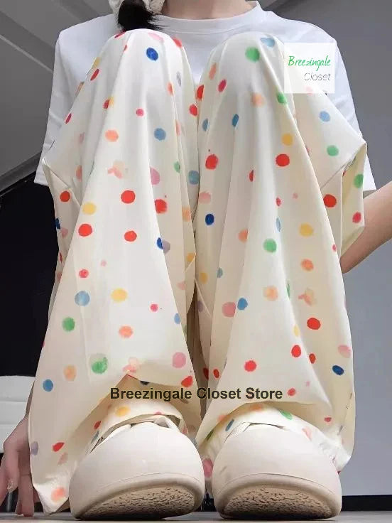 Korean rainbow polka-dot wide-leg pants women's new summer fashion loose and slim Joker ice silk casual straight pants.