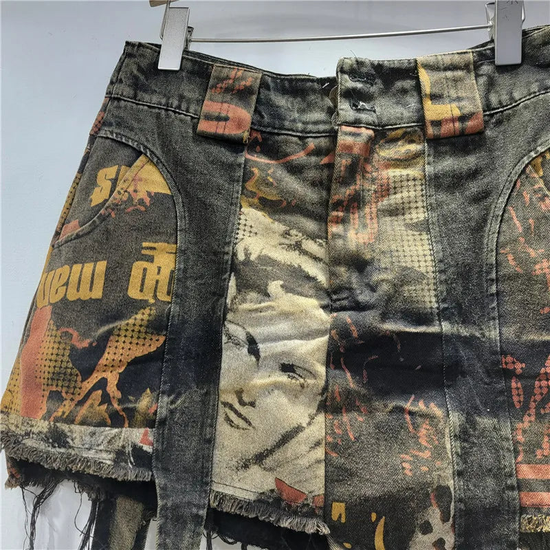 YEAE lady personality trendy cool print old denim skirt foreign style fashion irregular anti-light A word skirt
