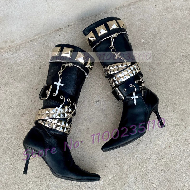 Black Pointed Toe Thin Heel Knee High Boots For Women