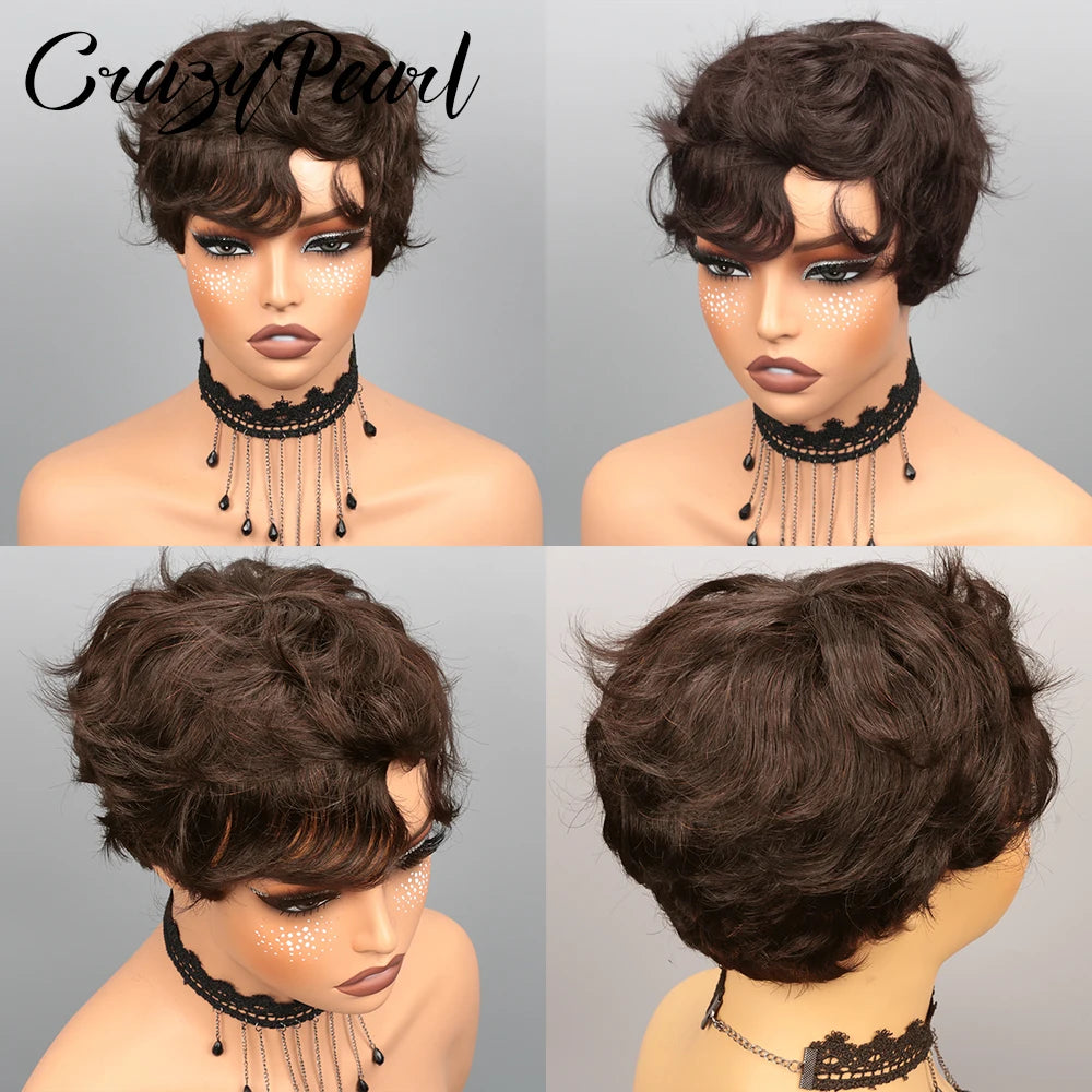 Dark Brown Short Pixie Lace Front Human Hair Wig for Women