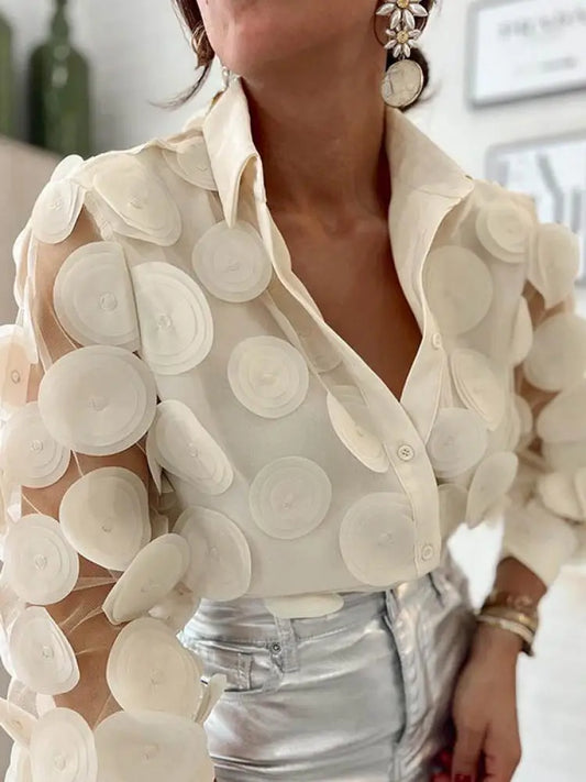 2024 New T-shirt for Women Hollowed Long Sleeves Appliqued Lapel Shirt Urban Female Stylish Loose Fit Buttoned Blouses