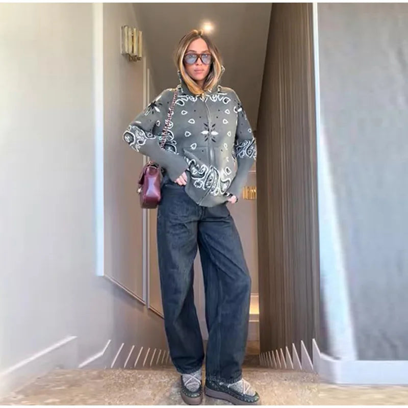 Gray Jacquard Knit Loose Cardigan Long Sleeve Casual for Women