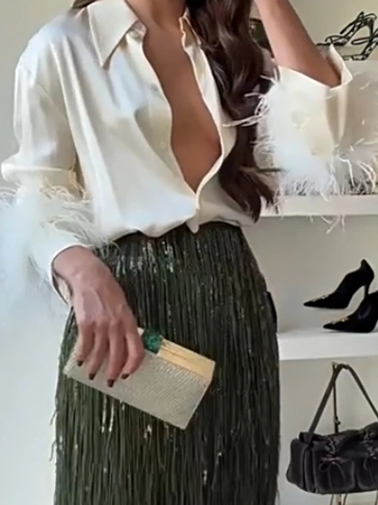 Fashion Lapel Button Shirt & Fringed Skirt Set Women Casual Long Sleeve Party Skirt Outfits Elegant Sequined Long Skirt 2Pc Suit