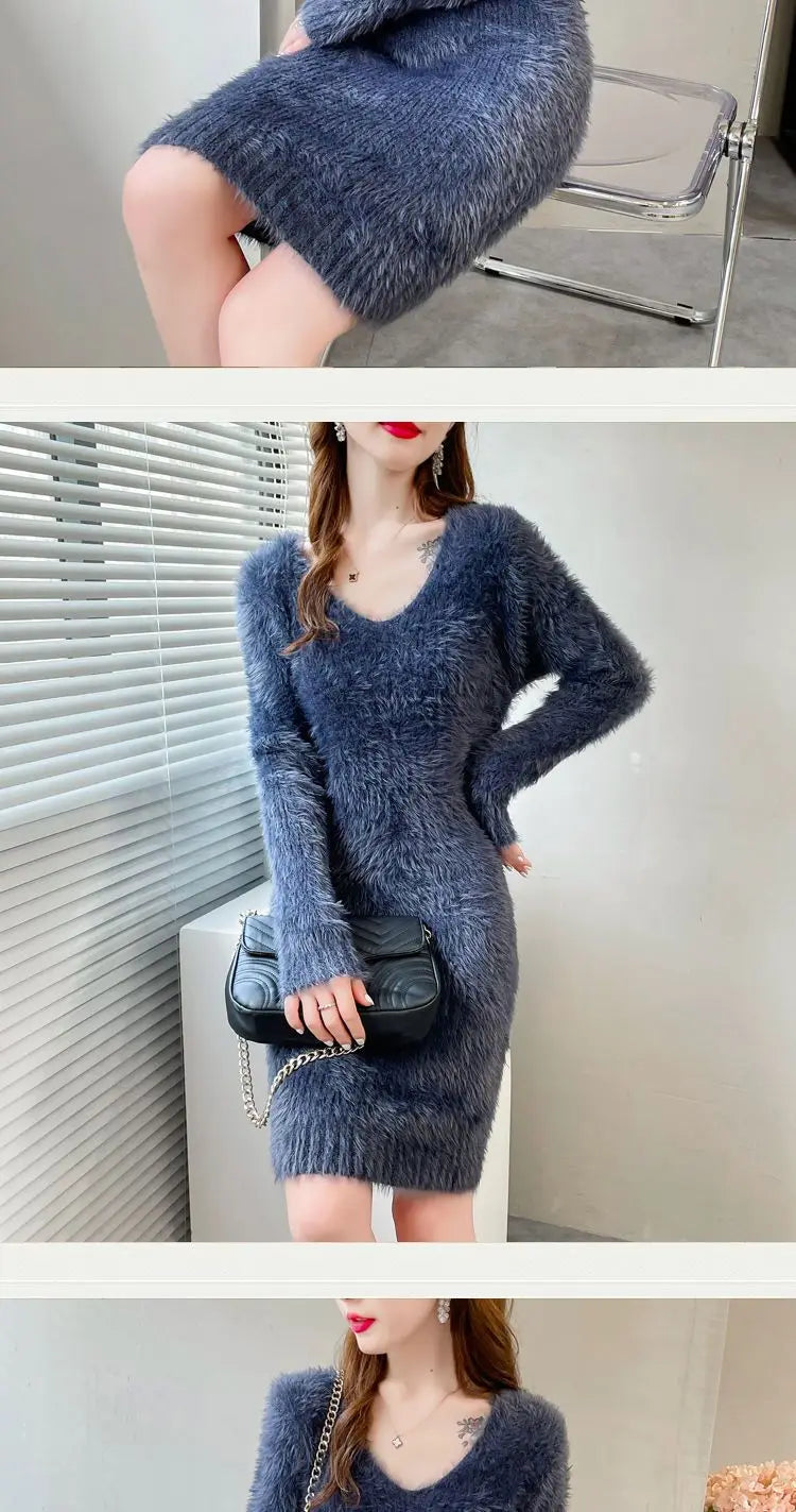 Cozy Faux Mink Knit Sweater Dress