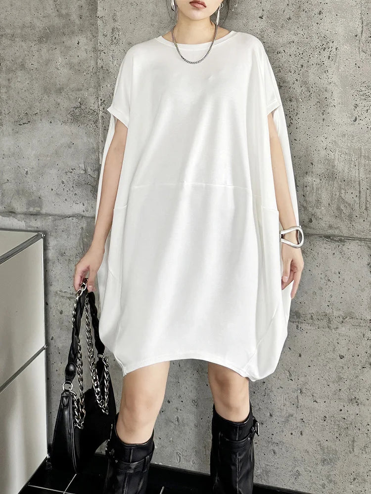 Black And White Loose Fit Cotton Mini Dress for Women