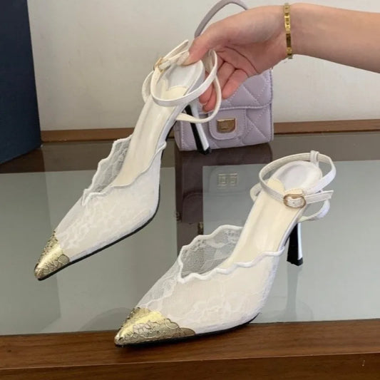 White Lace Slingback Stiletto Heels